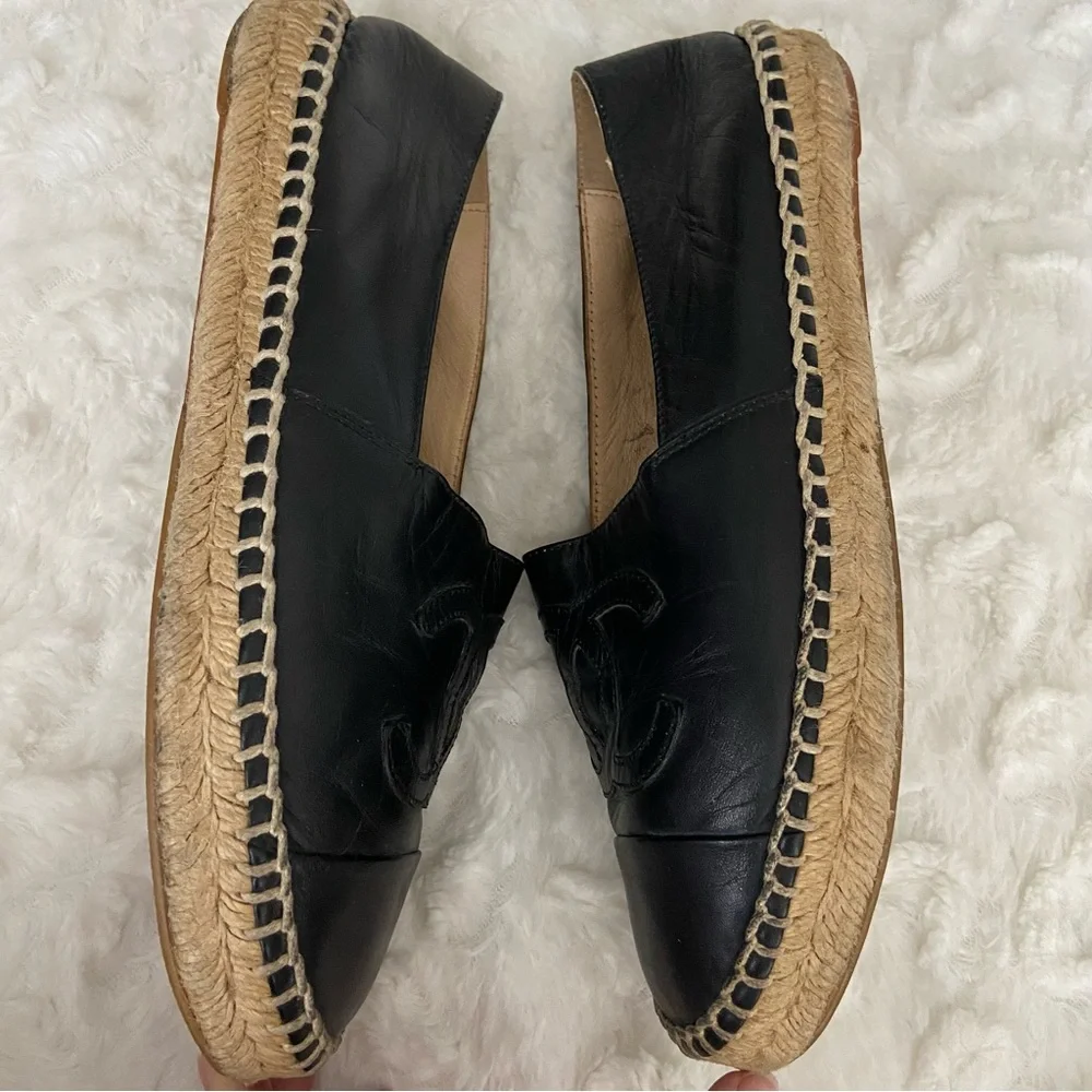 Chanel Black Lambskin Leather Espadrilles Flats Slip on CC Logo
